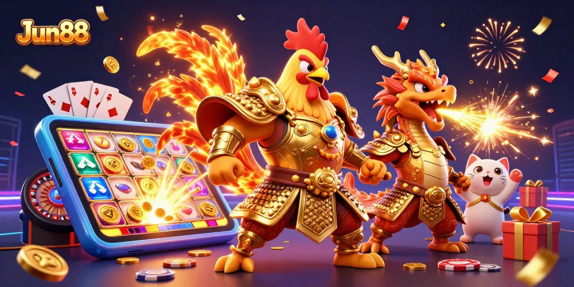 Experience thrilling gameplay at Jun88 Casino, featuring a dynamic rooster warrior alongside a dragon hatchling and festive game elements.