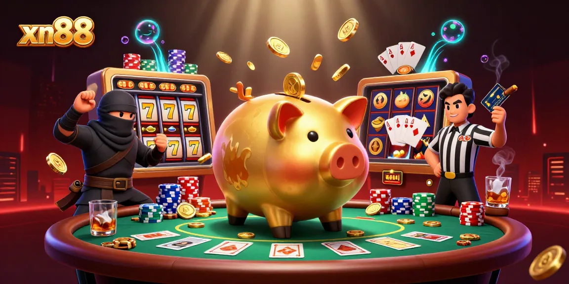 Experience exciting gameplay with xn88's golden piggy bank sumo wrestler and dynamic casino elements.