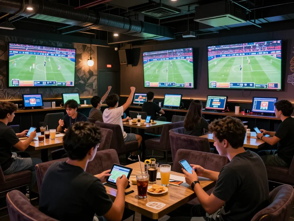 Sports fans engaging in soi keo nha cai while using betting apps in a lively sports bar atmosphere.