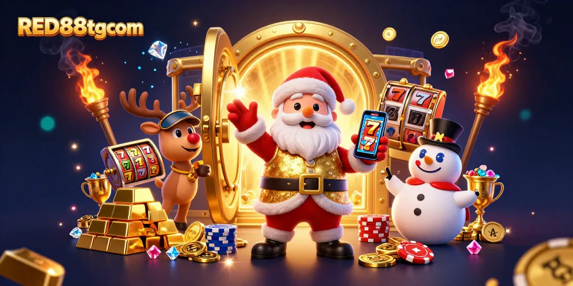 Experience the excitement of RED88tgcom with Santa, a dealer-reindeer, and a poker chip snowman in a vibrant casino scene.