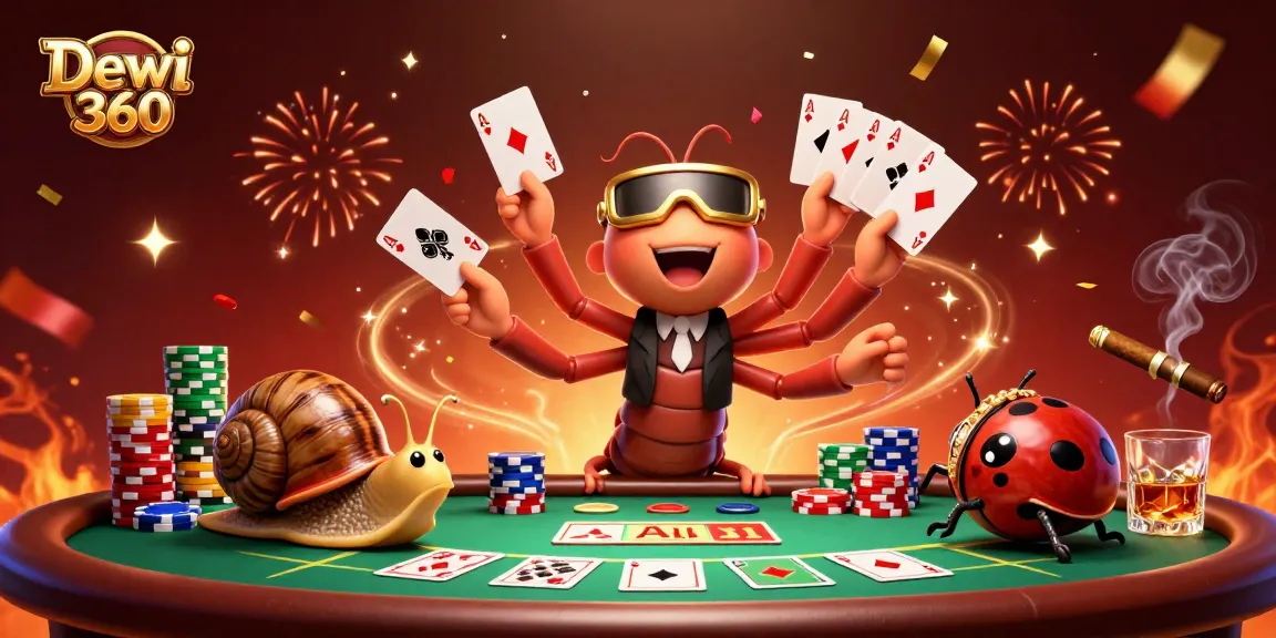 Permainan kartu oleh Dewi 360, dealer kartun unik dengan variasi kartu, dikelilingi chip warna-warni.
