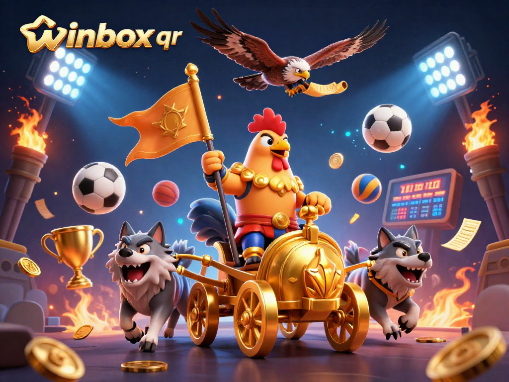 Winbox QR displays a cartoon rooster warlord in a golden chariot, inspiring sports excitement.