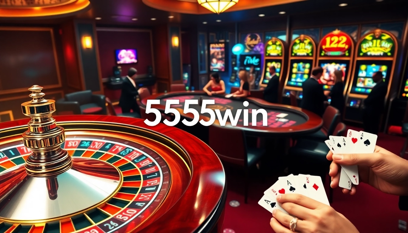 Experience the excitement of 555win at a luxurious casino table with poker chips and cards.
