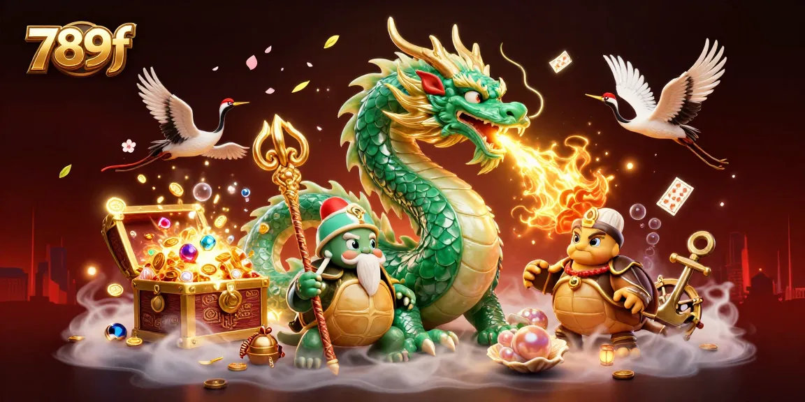 Experience excitement at 789f with a vibrant casino scene featuring a jade dragon and lucky cranes.