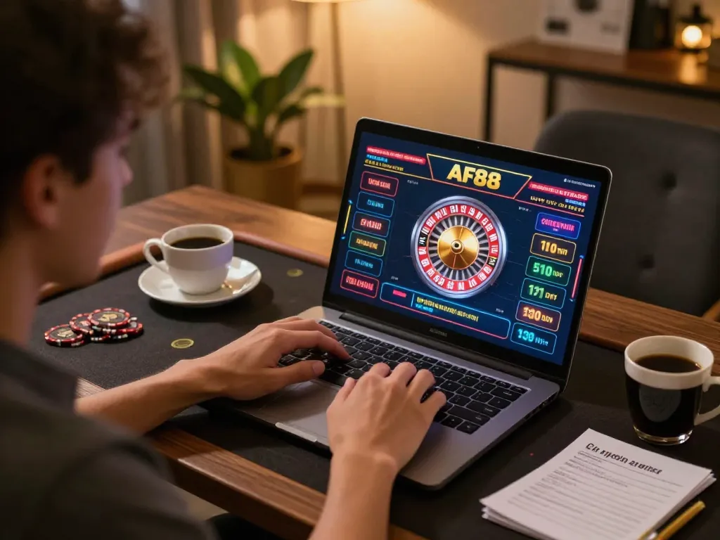 Engaging online gambling scene featuring AF88 user placing bets at a laptop with roulette visuals.