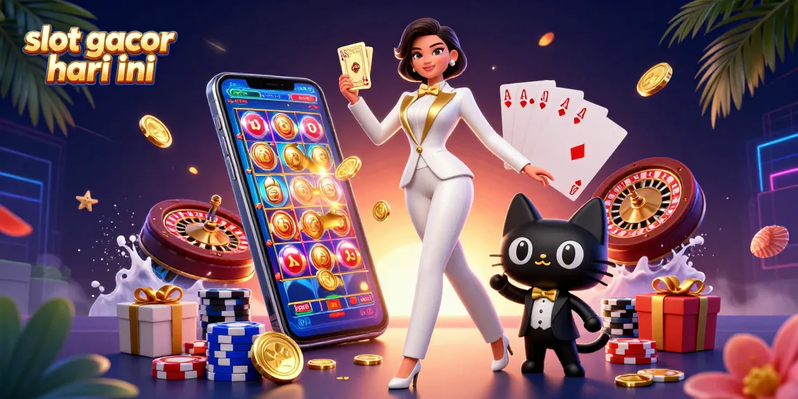 Rasakan slot gacor hari ini dengan seorang wanita glamor dan kucing kartun di tengah elemen permainan yang cerah.