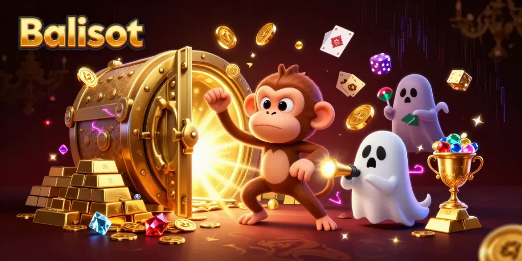Experience Balislot with a haunted casino scene featuring a playful ghost monkey and a curious puppy.