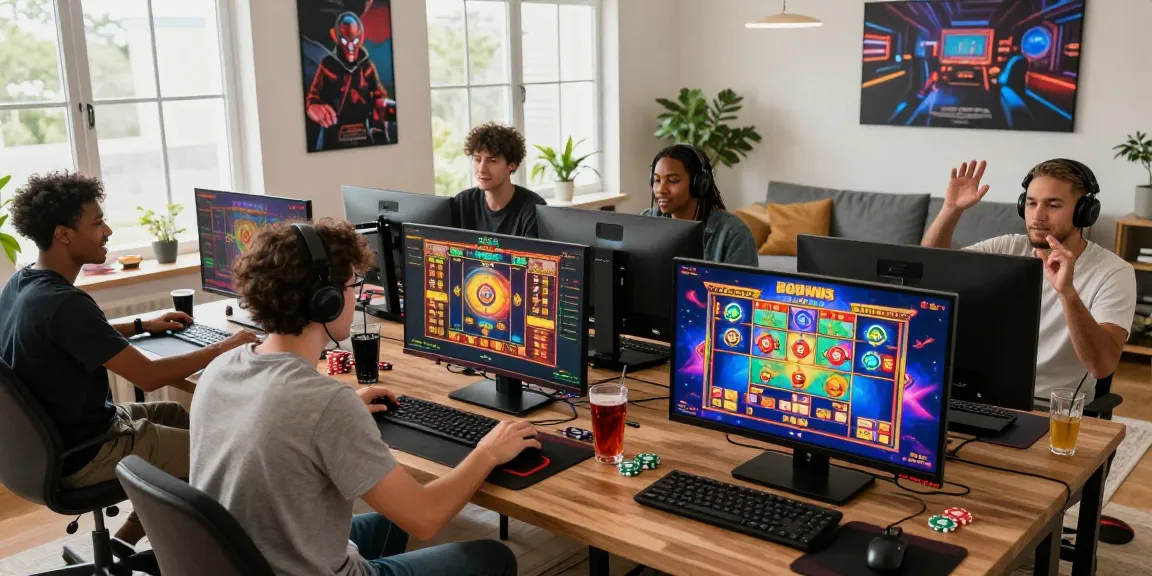 Excited players engaged in bonus buy slots with bright screens and drinks in a lively gaming atmosphere
