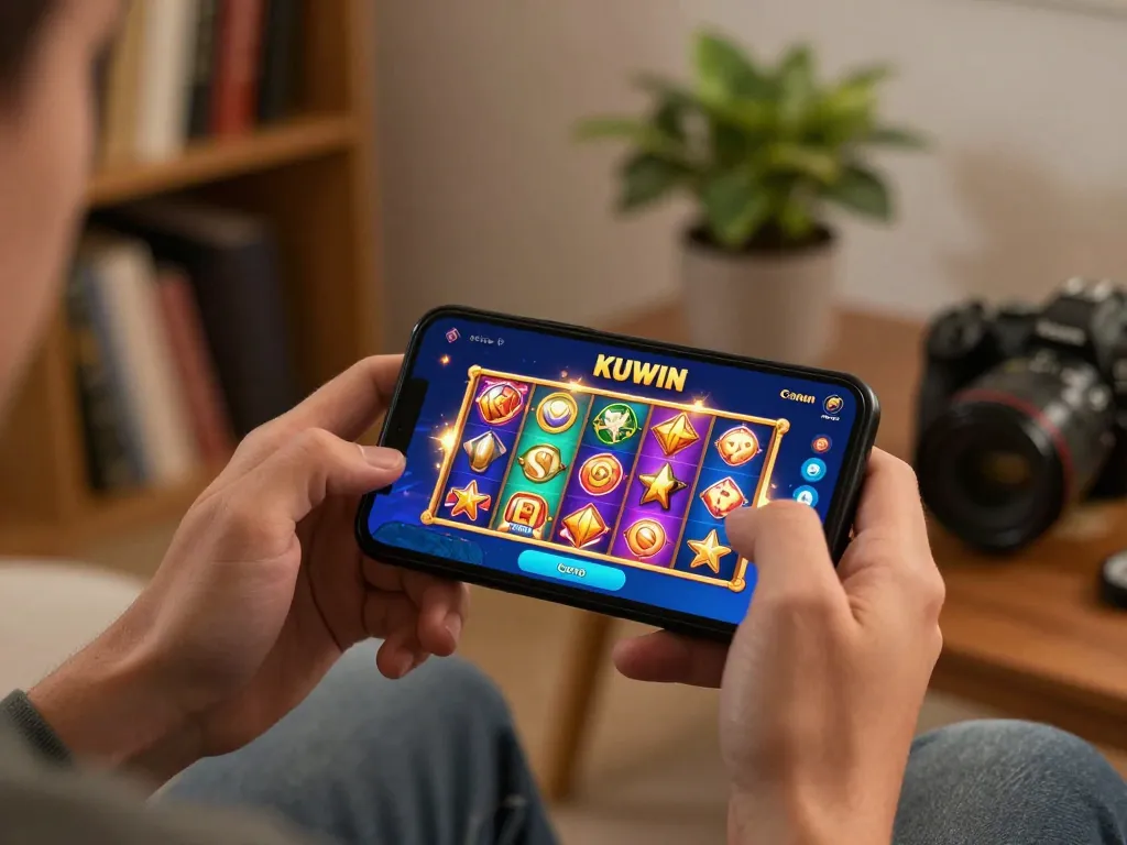 Kuwin mobile gaming experience with vibrant slot games displayed on smartphone screen in a cozy home setting.