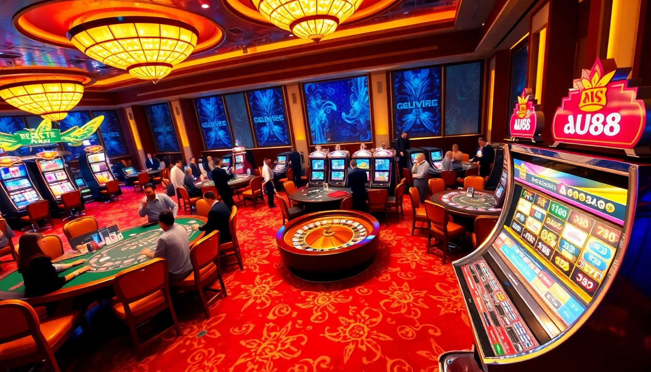 Engage in thrilling casino action at AU88 with vibrant slot machines and lively gaming tables.