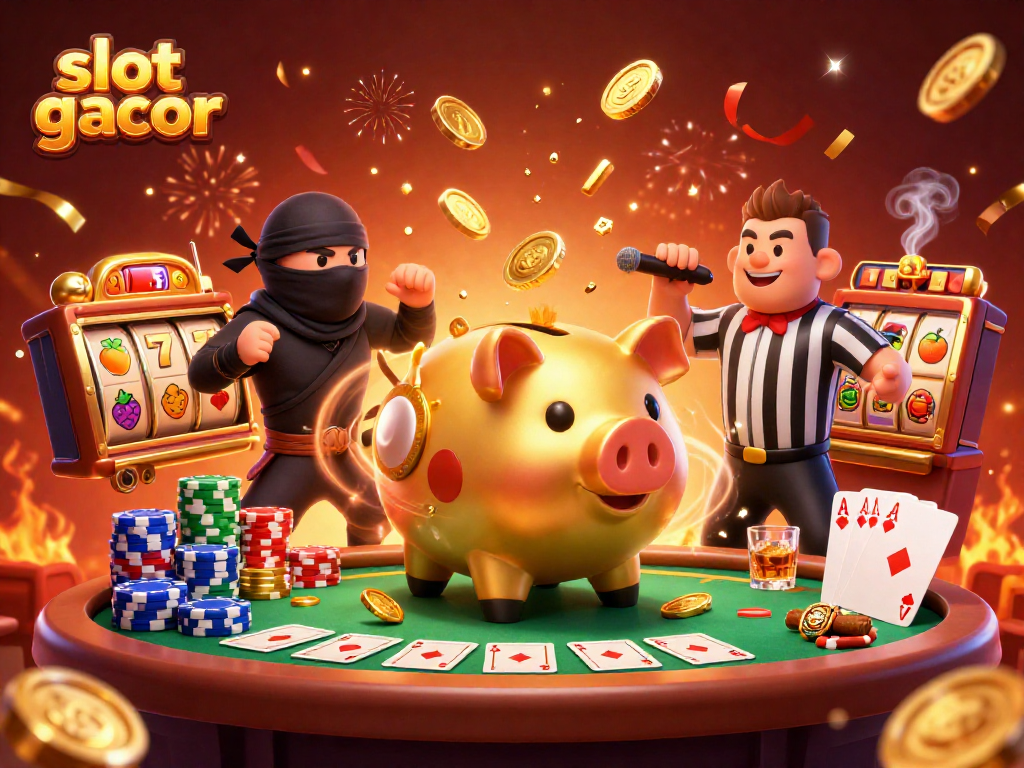 Experience the excitement of slot gacor with dynamic characters and vibrant casino elements in this rich scene.