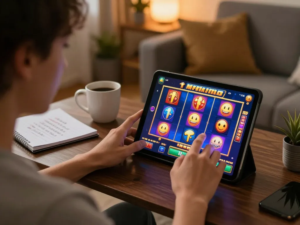 Player engaging with AZTEC888 slot games on a tablet at home, showcasing immersive online gaming experience