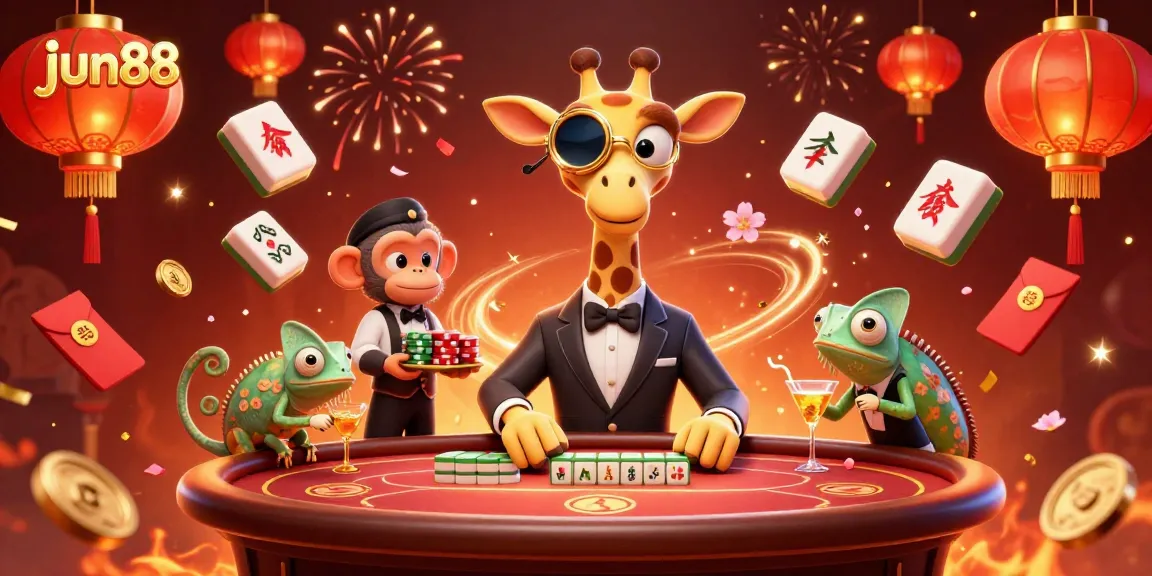 Experience winning at jun88 with a vibrant casino scene featuring animated characters.