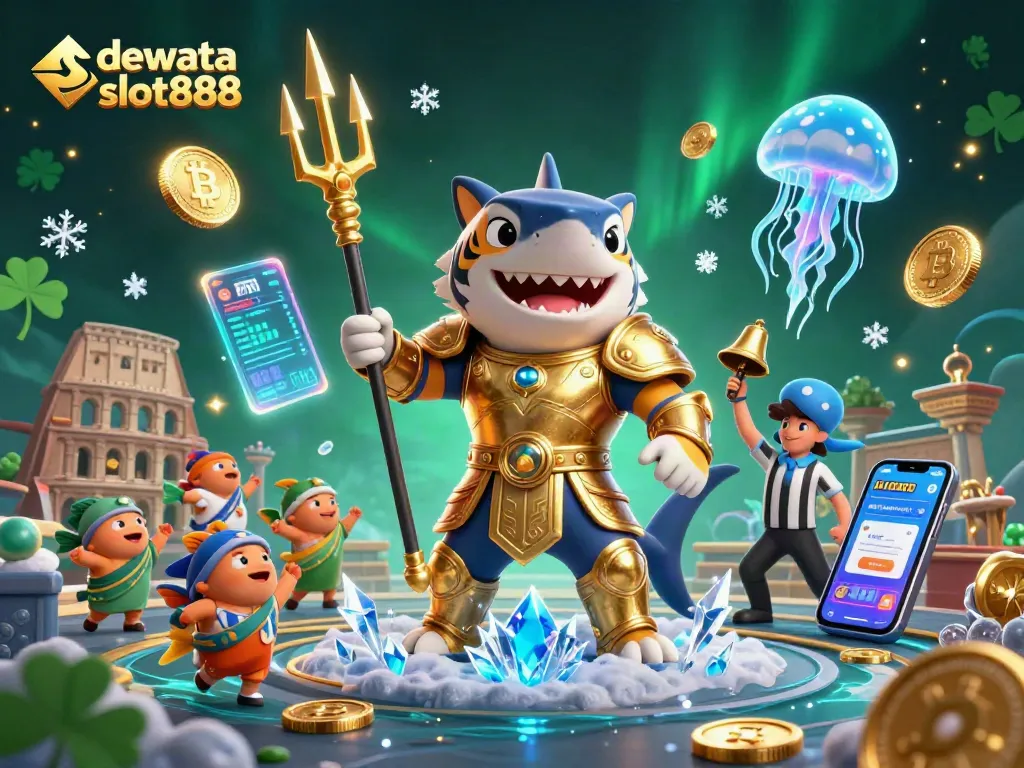 Menangkan permainan di dewata slot888 dengan ilustrasi kasino mengesankan, menampilkan hiu kartun 3D berarmor gladiator.