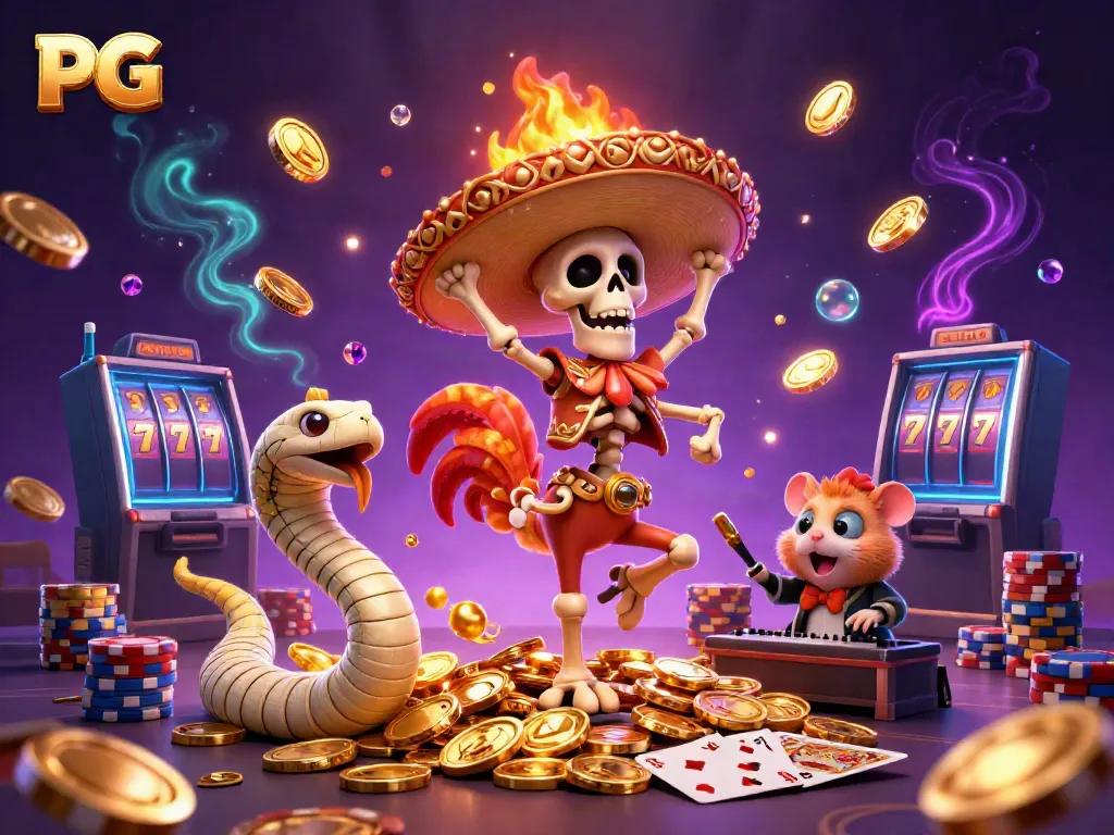 Engage in exciting gameplay with PG สล็อต as a skeleton rooster dances atop gold coins amidst vibrant casino elements.