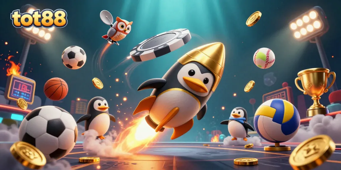Experience thrilling wins with tot88 in a vibrant 3D casino scene featuring sports and gold elements.