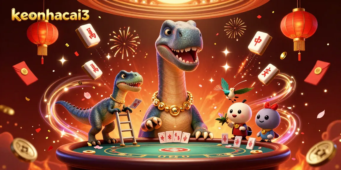 Engage with the colorful action of keonhacai3 in a vibrant 3D casino illustration featuring playful dinosaurs.
