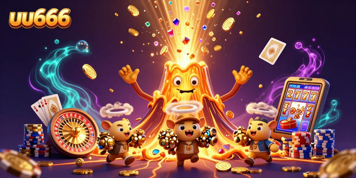 Spin the reels with uu666 as animated treasures erupt amid a lively 3D casino scene.