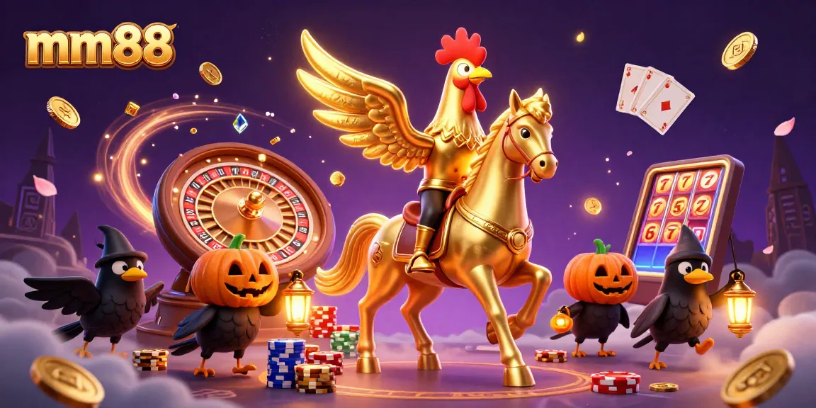 Experience thrilling mm88 gaming with golden rooster riding in a vibrant casino scene.
