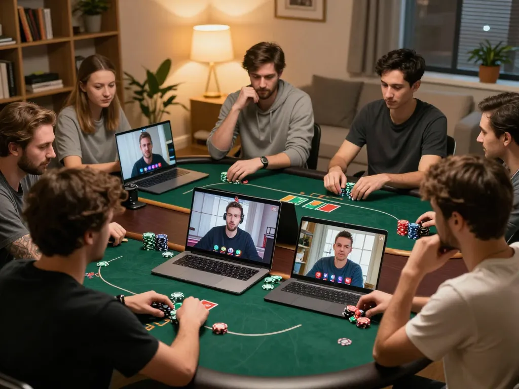 IDNSCORE players strategizing in an online poker game, focused expressions, cozy home office setting.