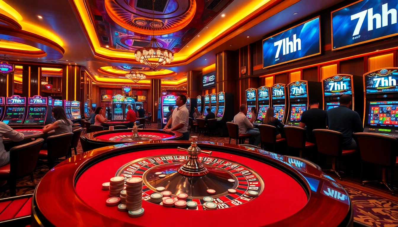 Experienced players enjoying a thrilling game at the 7hh casino featuring vibrant slot machines and roulette tables.