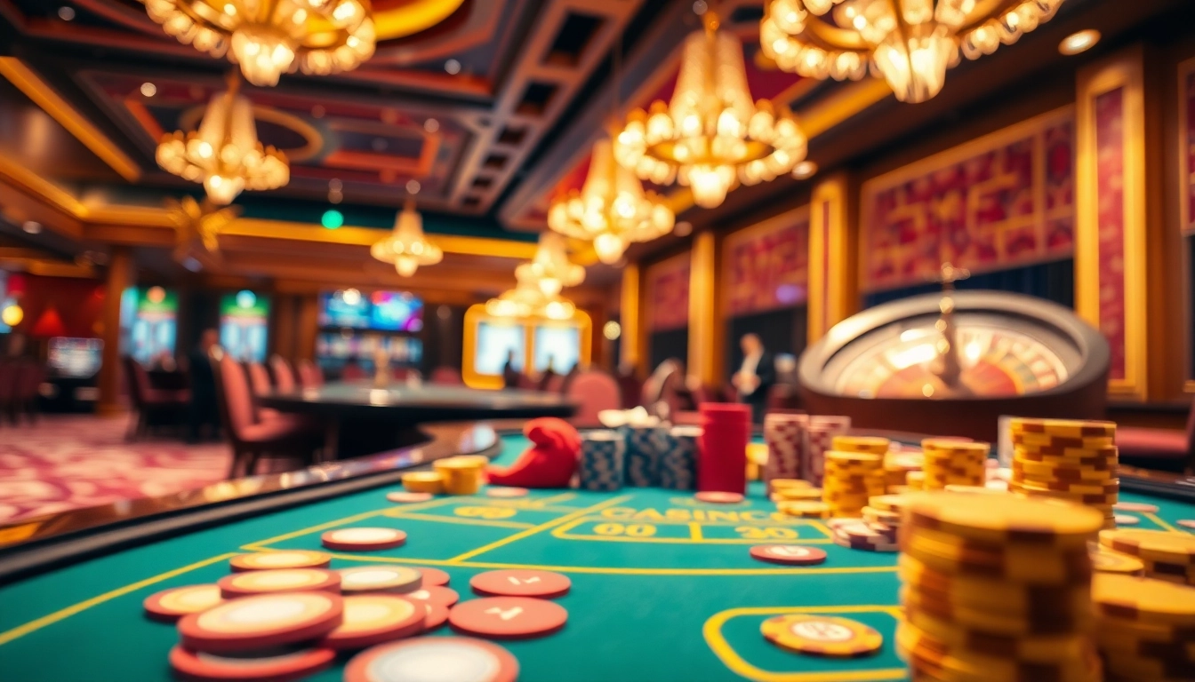 Experience the excitement of an online casino singapore with vibrant gaming tables and colorful chips.