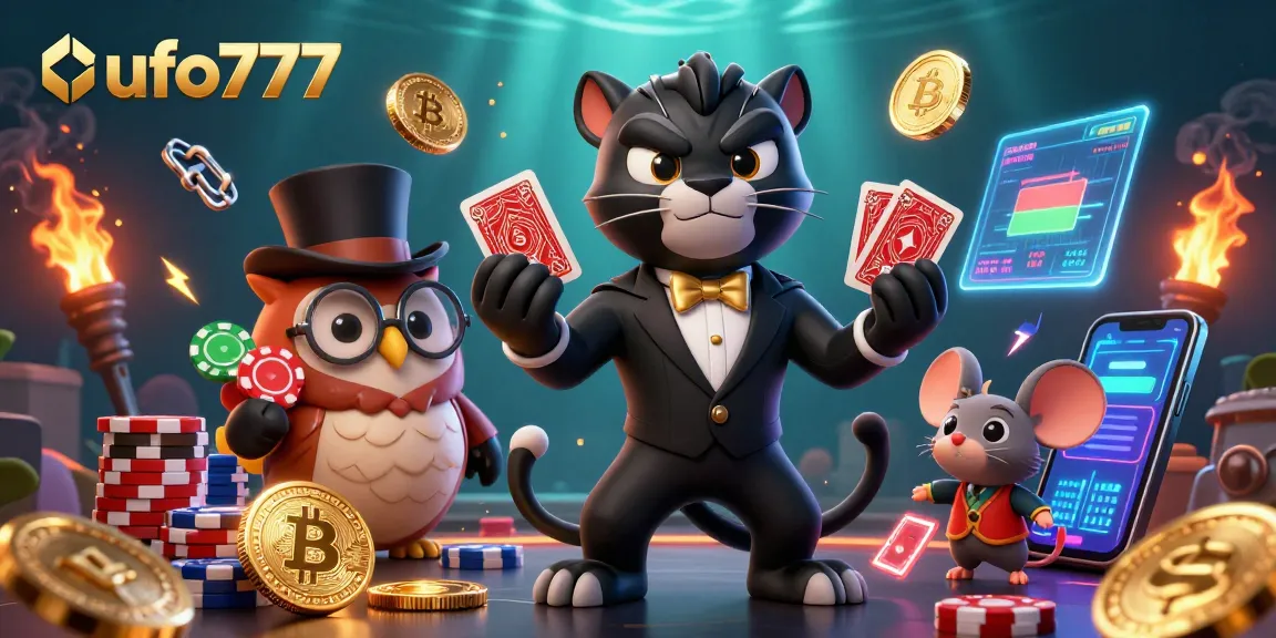 Play exciting casino games at ufo777 with stylish characters and cryptocurrency elements.