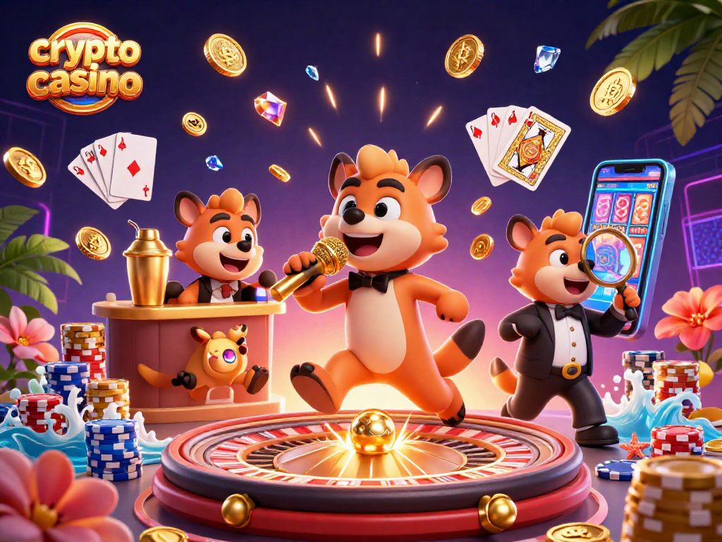 Engage in a lively crypto casino scene with hyena characters featuring comedy and gaming elements.
