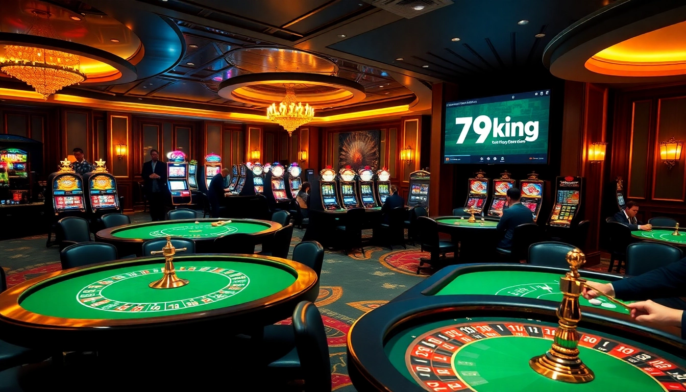 Experience the excitement of 79king with vibrant casino gameplay featuring poker tables and slot machines.