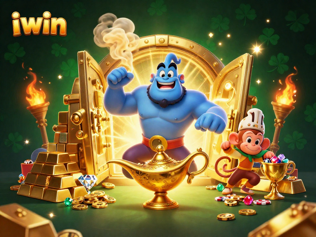 Experience iwin's thrilling world with a dazzling genie, poker chips, and treasures galore.