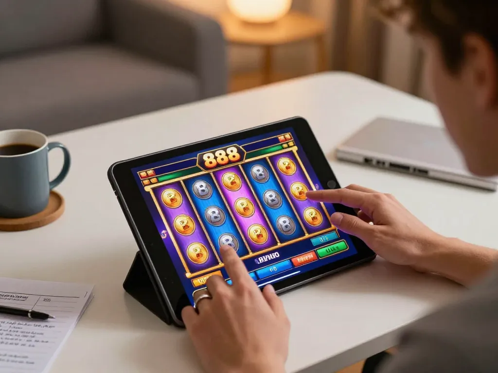 Engaging gameplay on slot88 visible on a tablet screen during cozy home gaming session