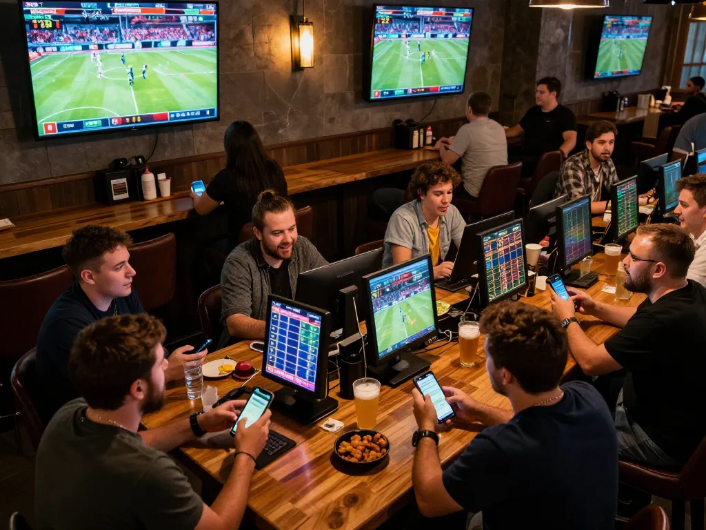 Engaged patrons placing bets on sg777 during live sports events in a vibrant lounge.