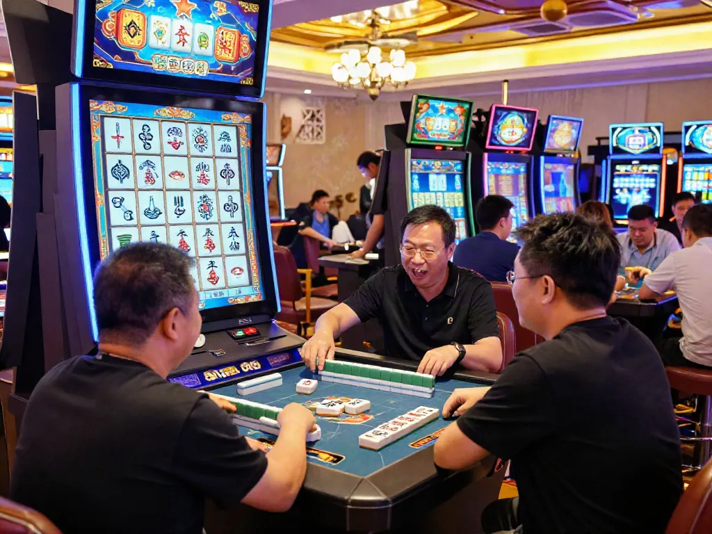 Permainan mahjong slot yang seru di kasino dengan pemain terlibat.