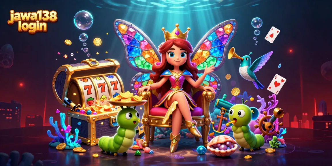 Bermain jackpot dengan aman di jawa138 login, menampilkan ratu kupu-kupu berwarna gem, koin emas, dan simbol slot yang bersinar.
