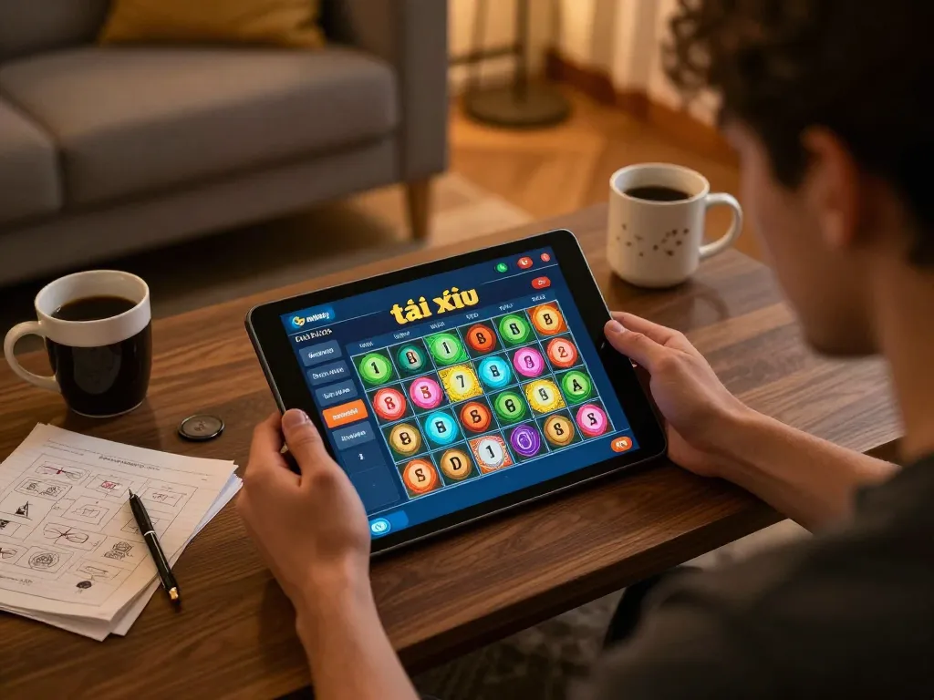 Playing the app tài xỉu online uy tín on a tablet in a cozy living room, highlighting strategic gameplay.