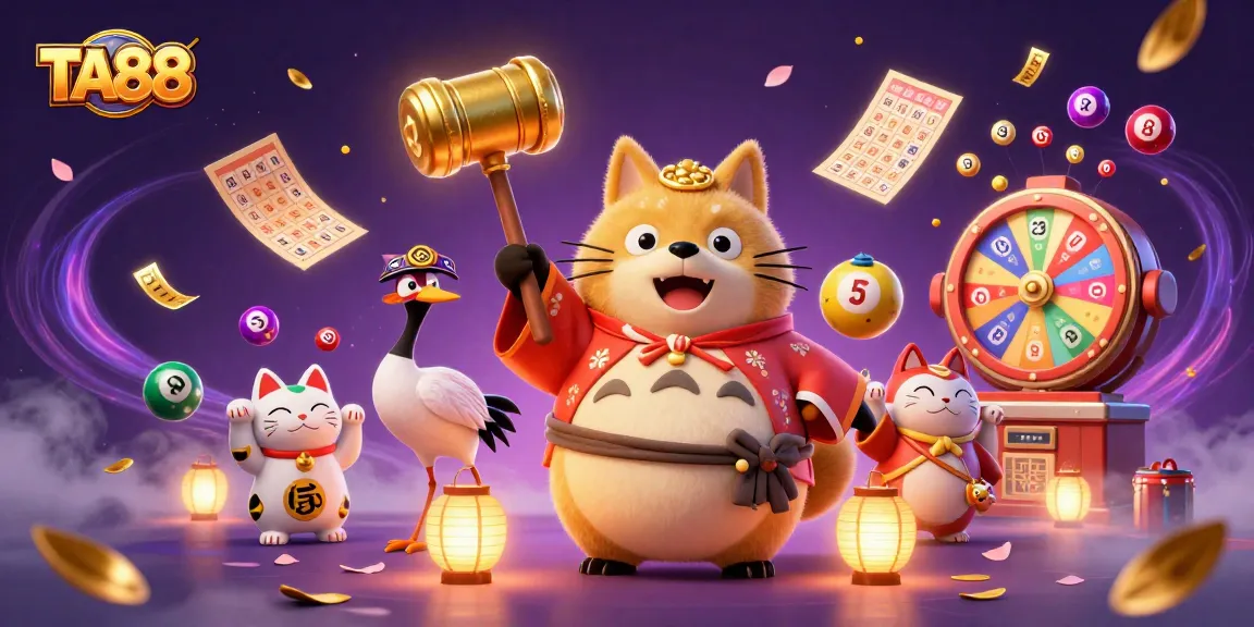 Engage with TA88's vibrant image of cheerful characters and gambling symbols for an exciting casino experience.