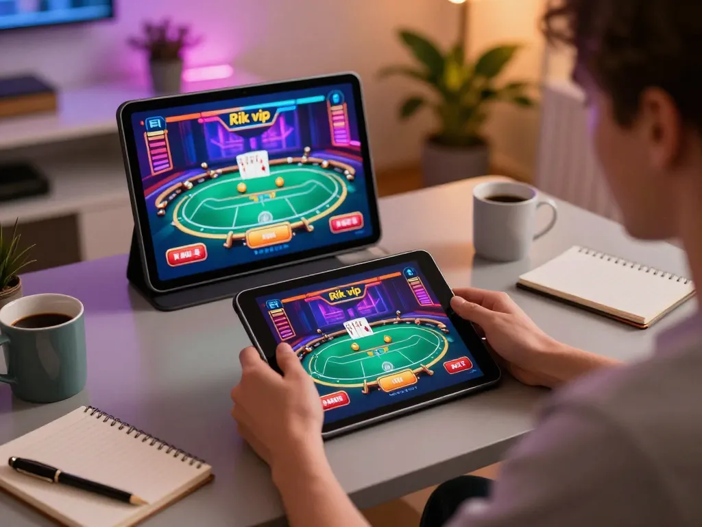 Engage with Rik vip poker games at home, featuring a user on a tablet in a cozy setting.