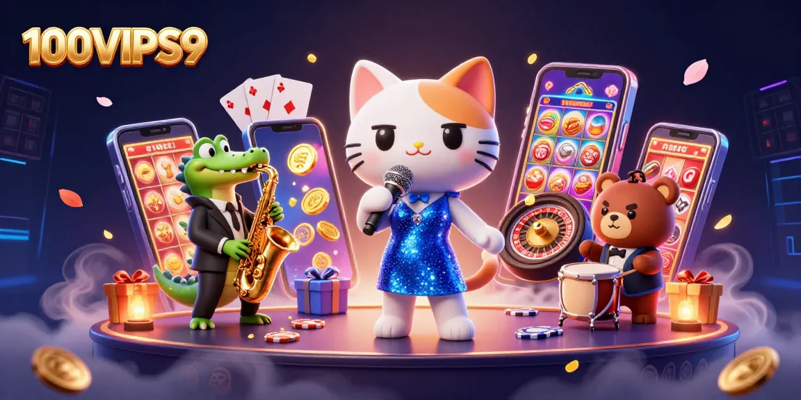 Experience the vibrant action of 100VIPS9 with animated characters in a dynamic casino scene.