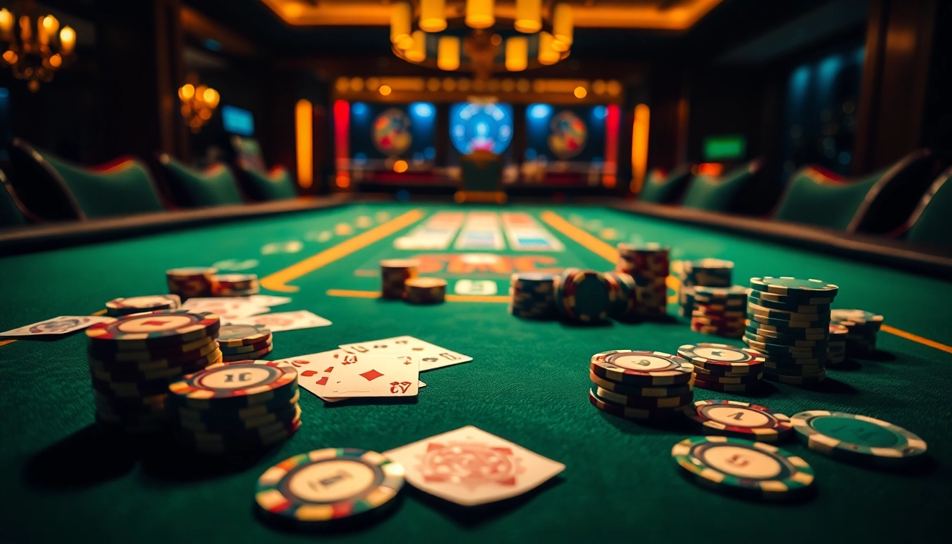 Arus hoki menarik perhatian dengan tumpukan chip poker dan kartu di meja kasino yang elegan.