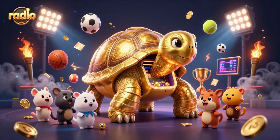 Experience thrilling gambling at radio-themed games with golden tortoise pinball and excited players.