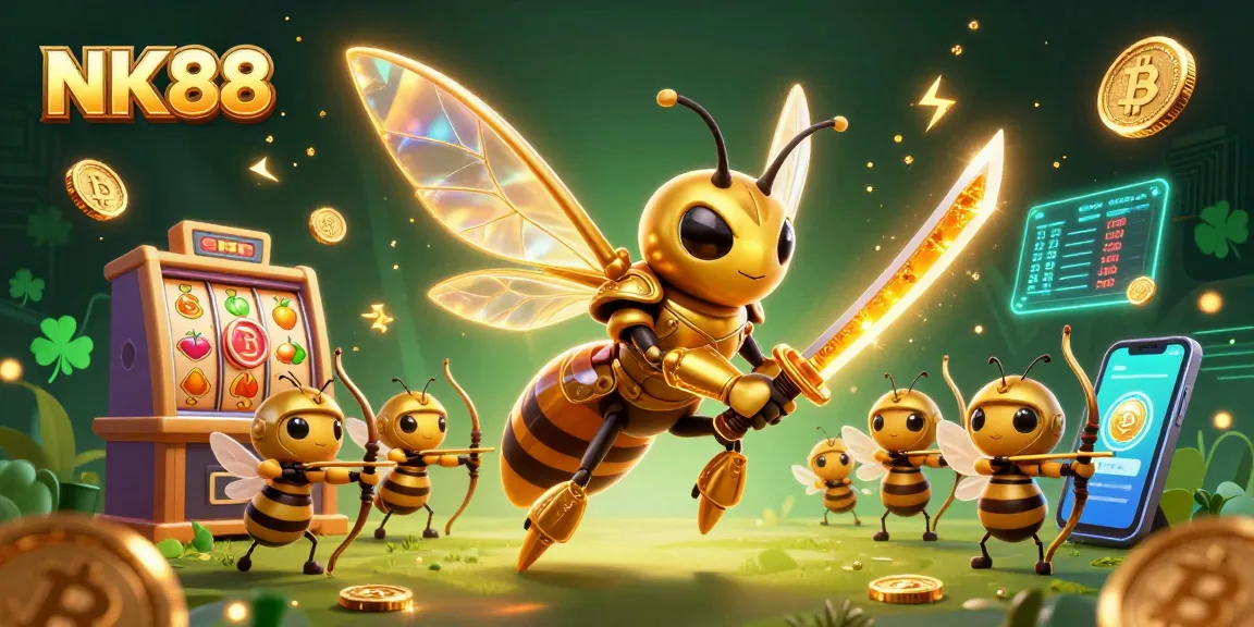 Experience NK88's vibrant gaming scene with a golden hornet samurai amidst crypto coins and slot elements.