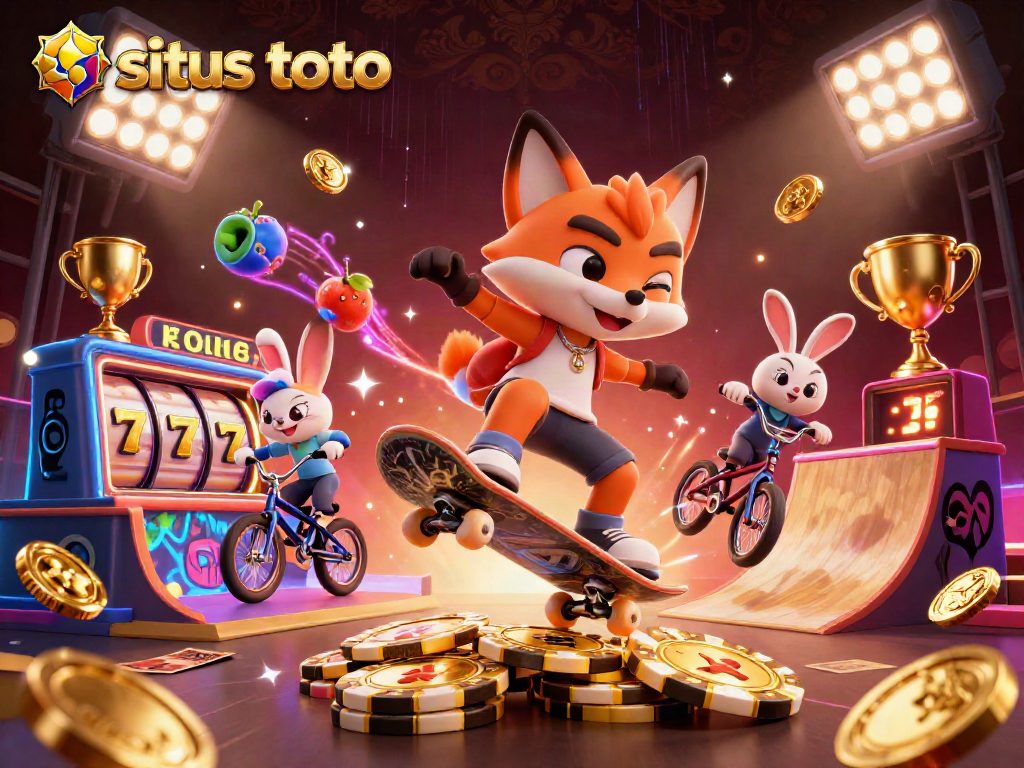 Situs toto highlights thrilling slot action with a skateboarder fox leaping over golden chips.
