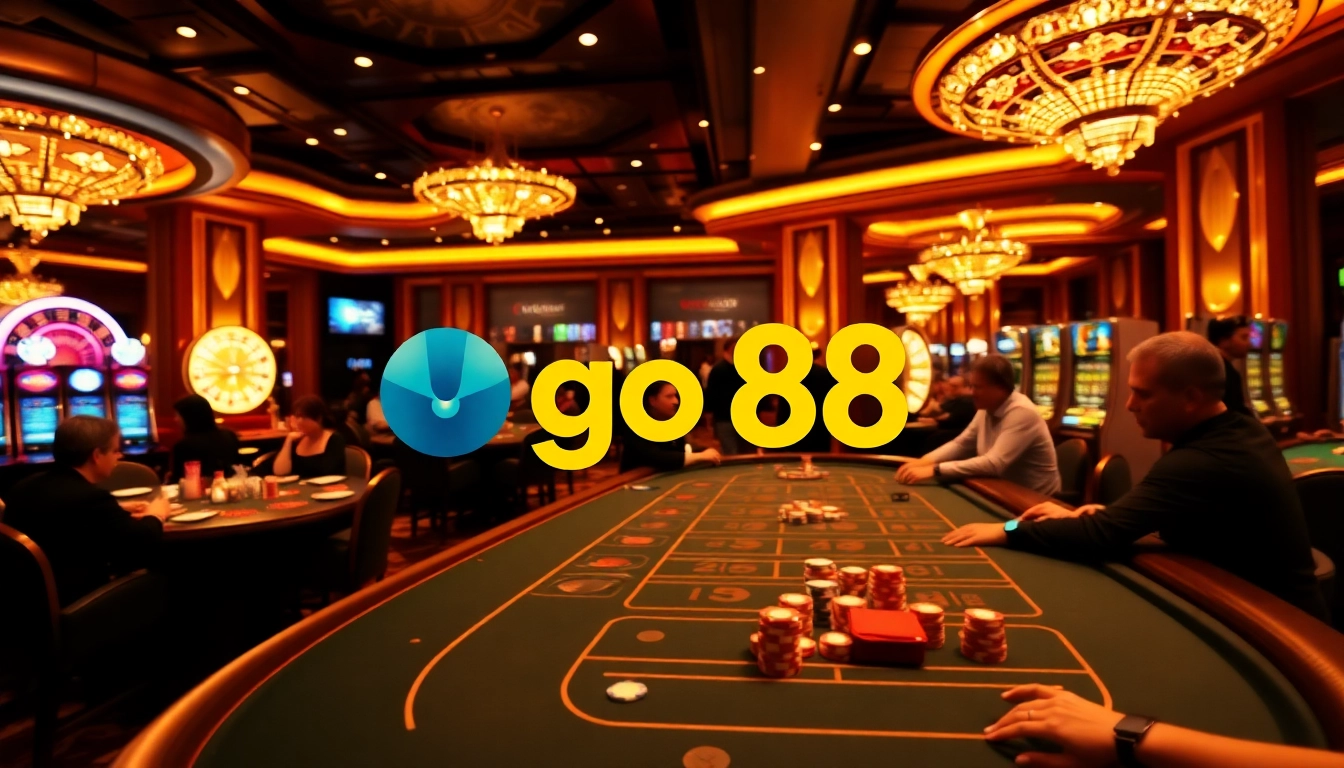 Exciting casino scene with players engaging around go88 gaming tables and vibrant slot machines.