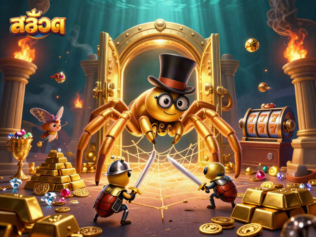 Engage with สล็อต gameplay featuring a golden tarantula and knight amidst bright jewels and slot reels.