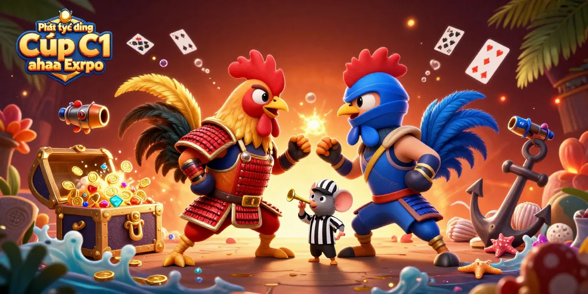 Engage in thrilling action with Pht trc tip Cp C1 chu u amidst vibrant 3D cartoon illustration featuring dynamic roosters and casino elements.