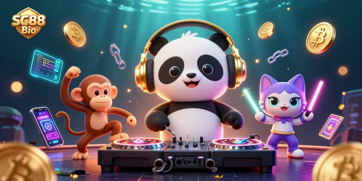 Experience excitement with SC88 Bio in a lively casino scene featuring a DJ panda and vibrant crypto elements.