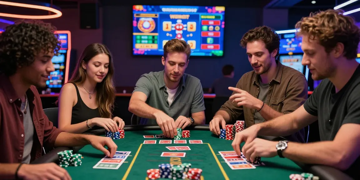 Pajaktoto resmi gaming scene with friends excitement around a vibrant table filled with colorful chips and cards.