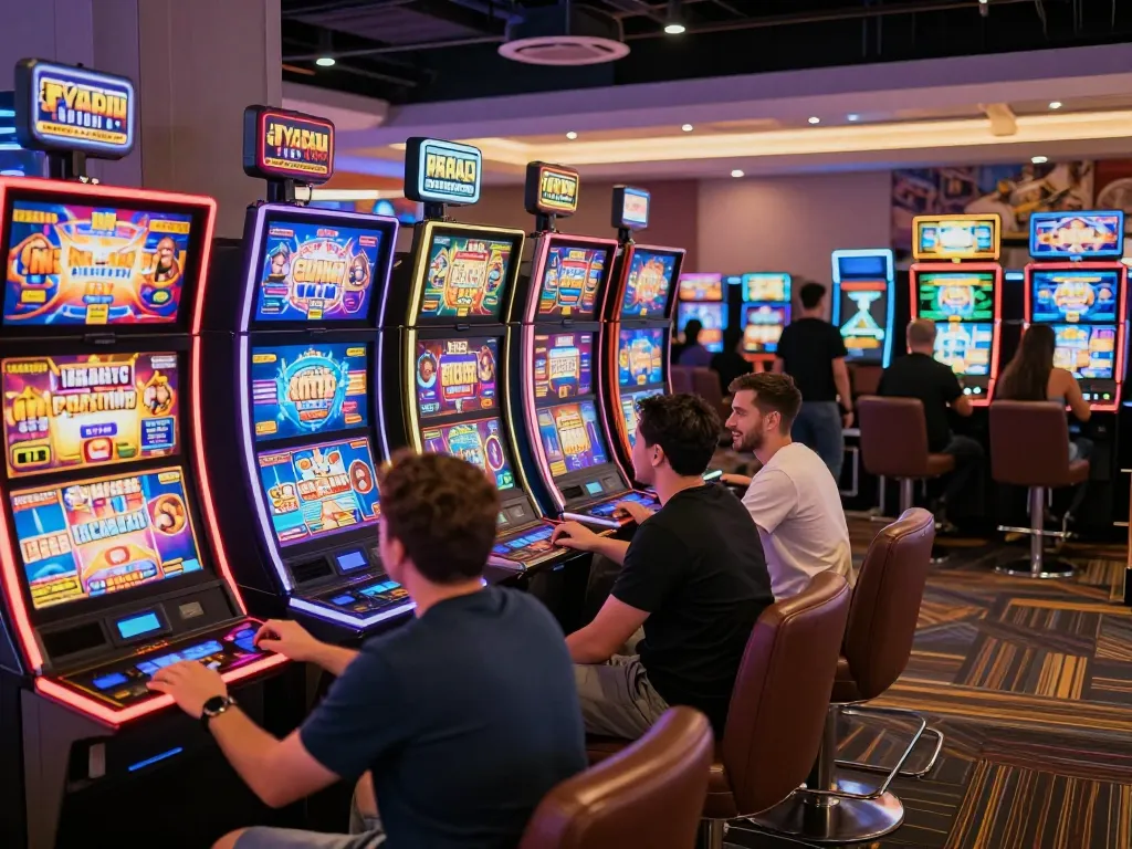 Savour exciting moments at the situs slot game area with enthusiastic players surrounded by vibrant machines.