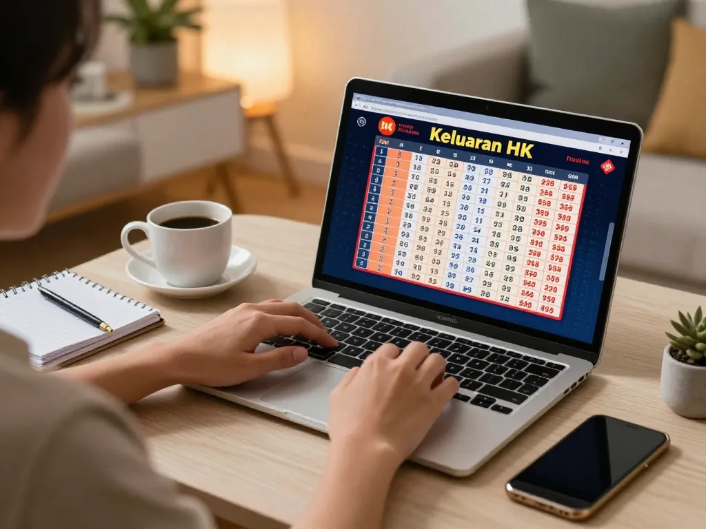 Keluaran HK displayed on a laptop during online lottery gaming strategy session at home