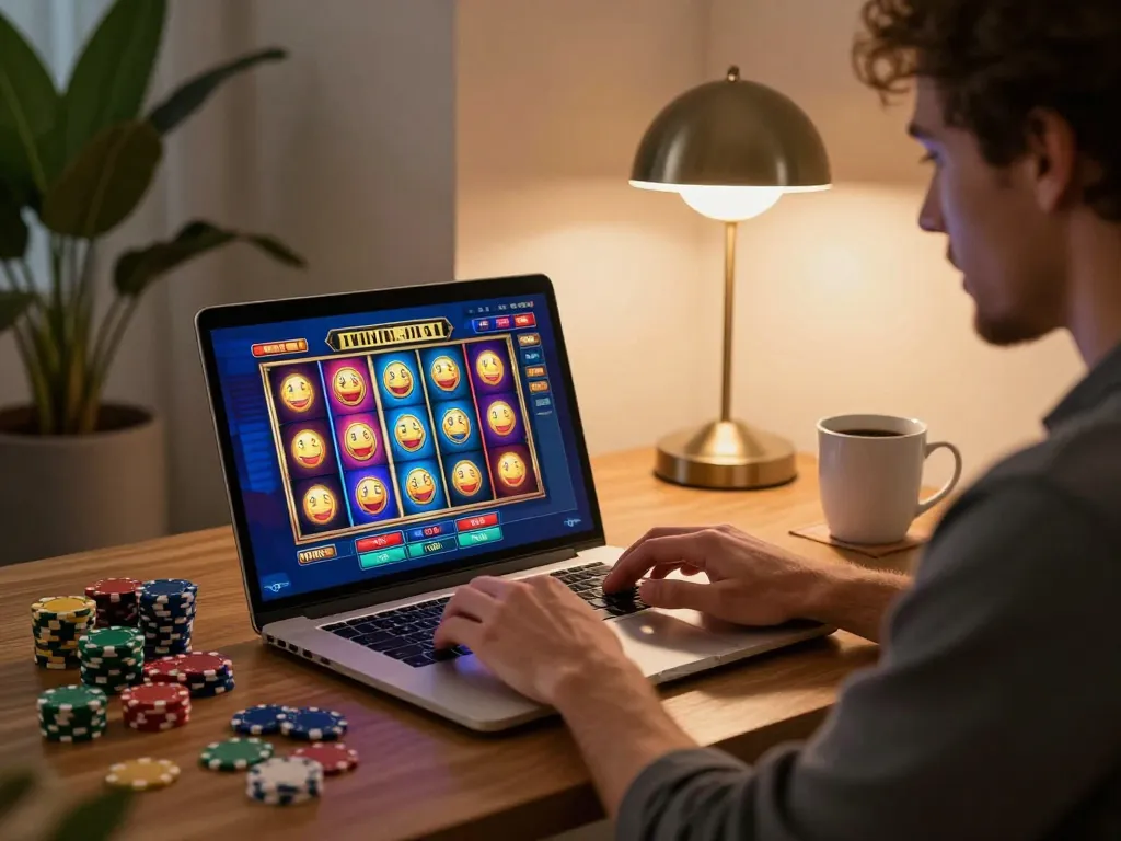Player engaged with F8BET online slots at home desk, displaying excitement and strategy.